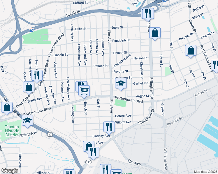 map of restaurants, bars, coffee shops, grocery stores, and more near 2414 Elm Avenue in Portsmouth