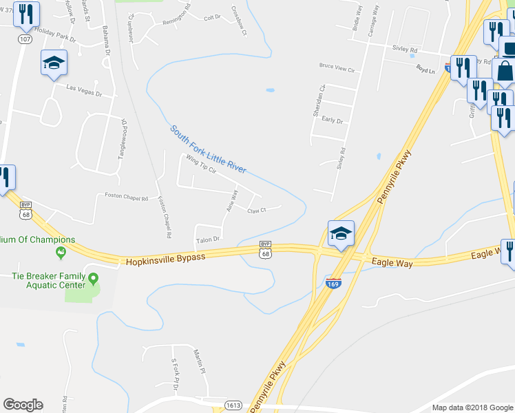 map of restaurants, bars, coffee shops, grocery stores, and more near 739 Claw Court in Hopkinsville