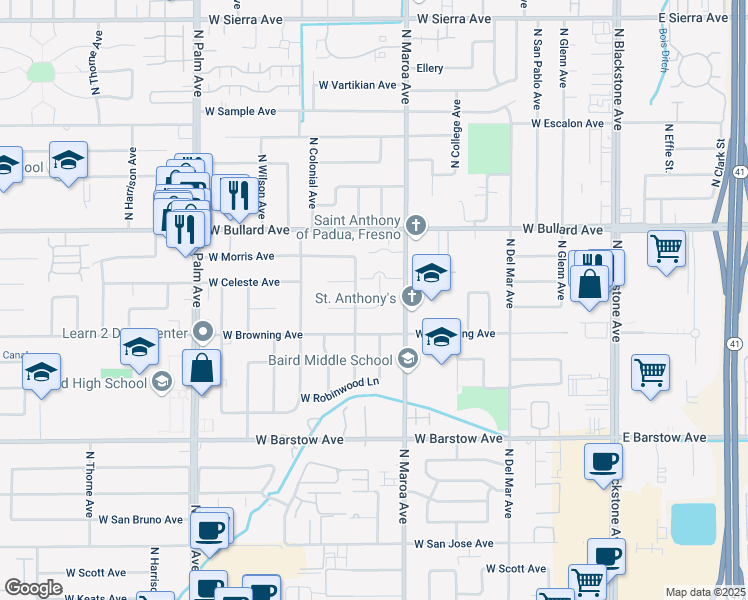 map of restaurants, bars, coffee shops, grocery stores, and more near 5651 North Nantucket Avenue in Fresno
