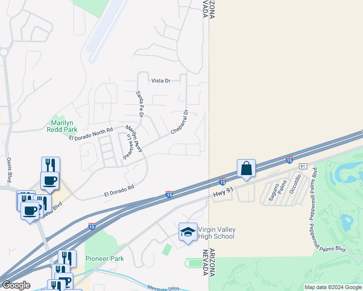 map of restaurants, bars, coffee shops, grocery stores, and more near 738 Mesa Springs Dr in Mesquite