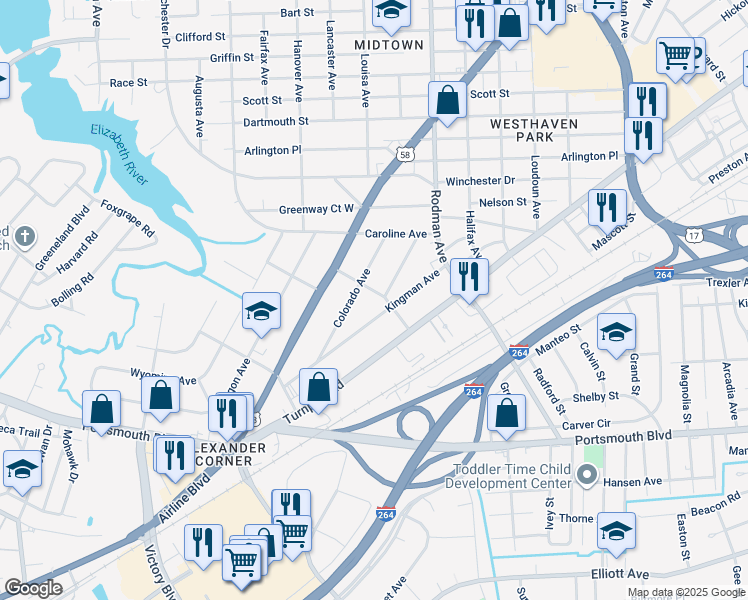 map of restaurants, bars, coffee shops, grocery stores, and more near 205 Utah Street in Portsmouth