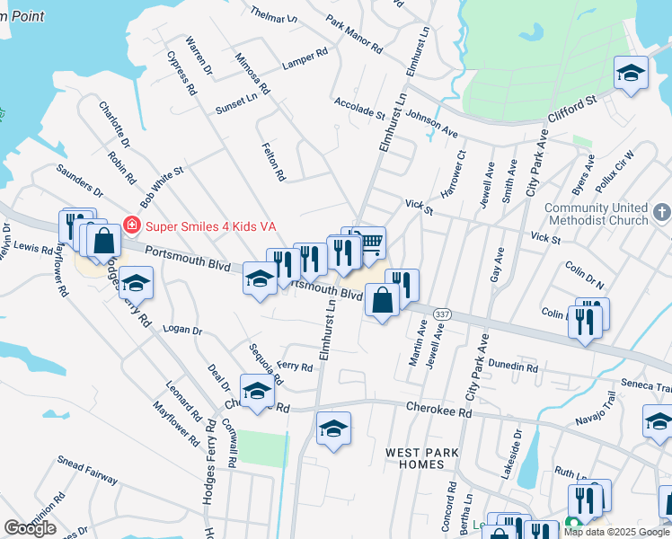 map of restaurants, bars, coffee shops, grocery stores, and more near 932 Elmhurst Lane in Portsmouth