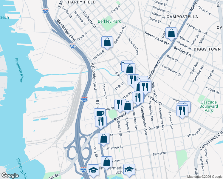 map of restaurants, bars, coffee shops, grocery stores, and more near 511 D Street in Chesapeake