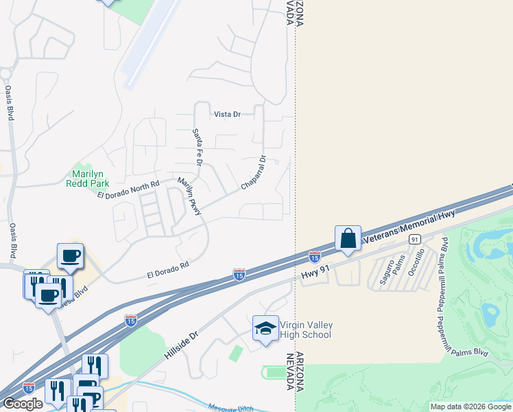 map of restaurants, bars, coffee shops, grocery stores, and more near 738 Mesa Springs Drive in Mesquite