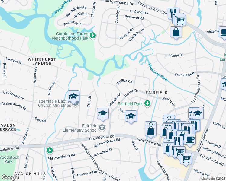 map of restaurants, bars, coffee shops, grocery stores, and more near 700 Achilles Court in Virginia Beach