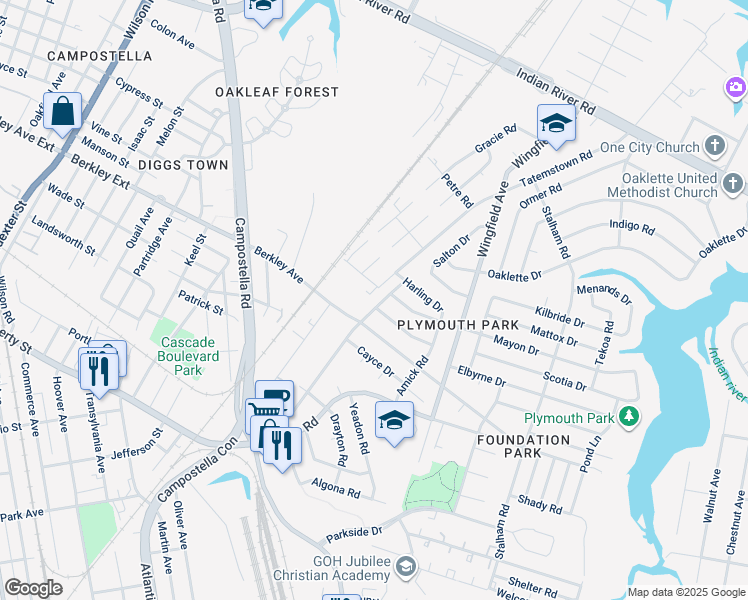 map of restaurants, bars, coffee shops, grocery stores, and more near 604 Bethel Road in Chesapeake