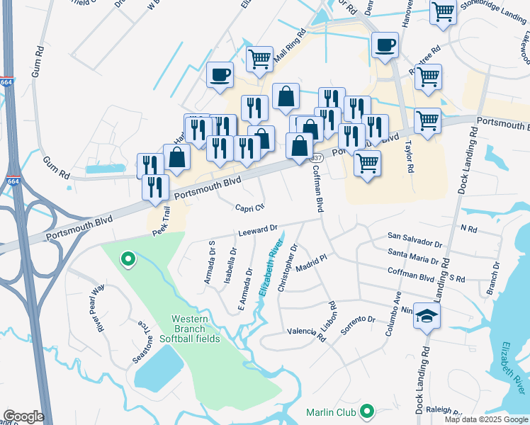 map of restaurants, bars, coffee shops, grocery stores, and more near 2248 Capri Circle in Chesapeake