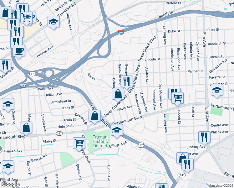 map of restaurants, bars, coffee shops, grocery stores, and more near 2423 Columbus Avenue in Portsmouth