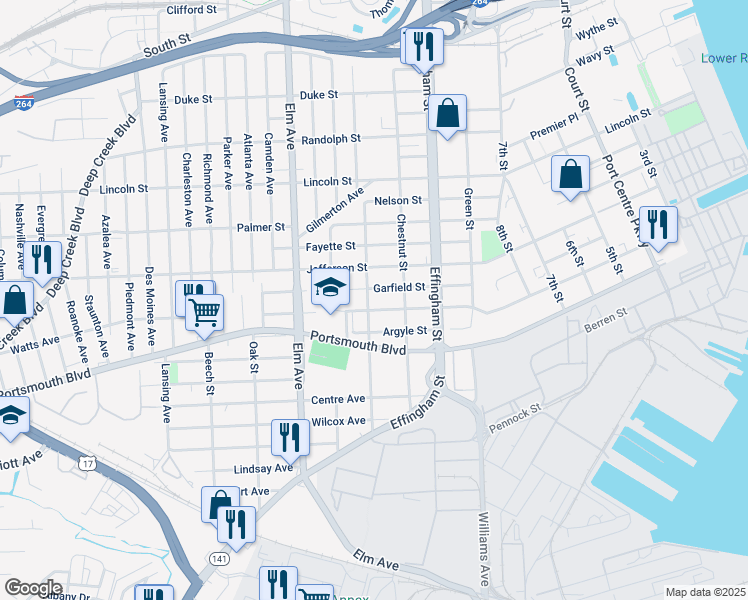 map of restaurants, bars, coffee shops, grocery stores, and more near 2413 Peach Street in Portsmouth