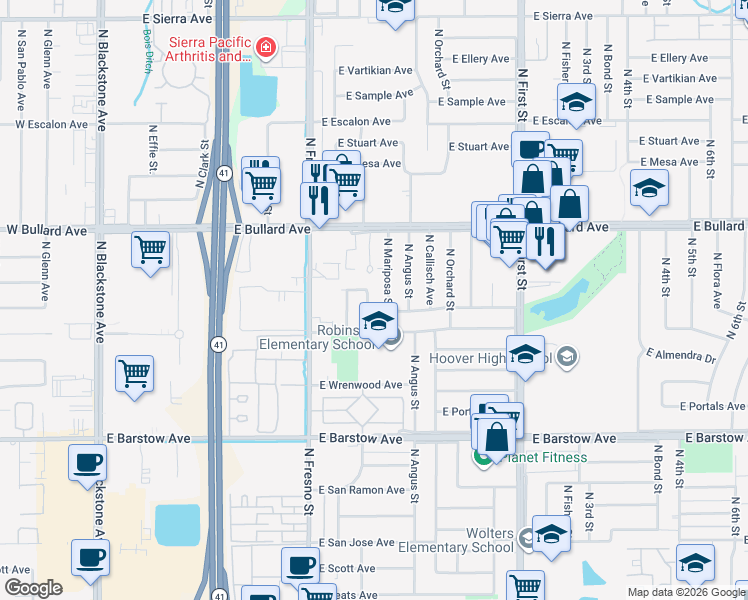 map of restaurants, bars, coffee shops, grocery stores, and more near 5661 North Mariposa Street in Fresno