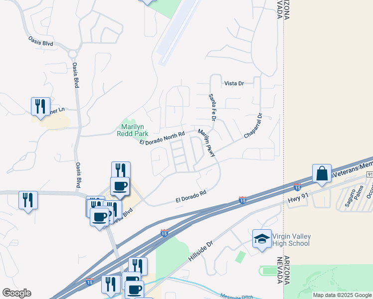 map of restaurants, bars, coffee shops, grocery stores, and more near 726 Mountain Ridge Street in Mesquite