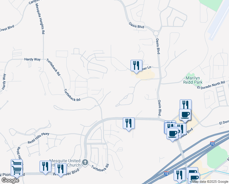 map of restaurants, bars, coffee shops, grocery stores, and more near 726 Ventana Circle in Mesquite