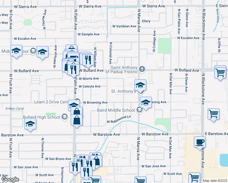 map of restaurants, bars, coffee shops, grocery stores, and more near 5672 North Colonial Avenue in Fresno