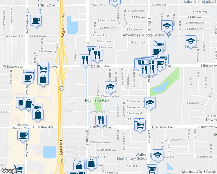 map of restaurants, bars, coffee shops, grocery stores, and more near 5661 North Mariposa Street in Fresno