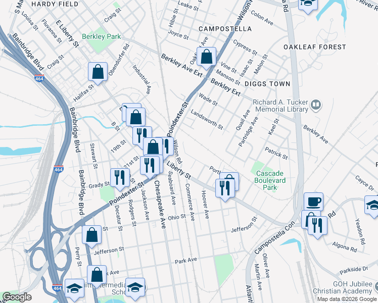 map of restaurants, bars, coffee shops, grocery stores, and more near 914 Portland Street in Chesapeake