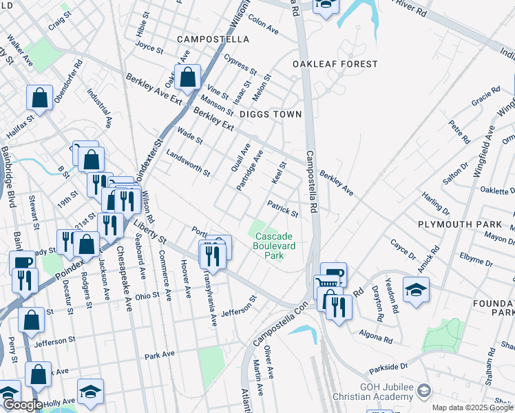 map of restaurants, bars, coffee shops, grocery stores, and more near 1010 Keel Street in Chesapeake
