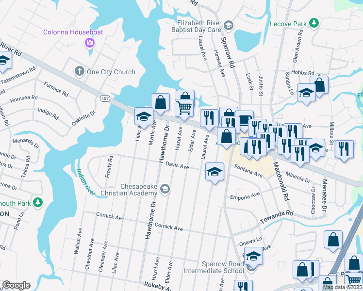 map of restaurants, bars, coffee shops, grocery stores, and more near 1122 Hazel Avenue in Chesapeake