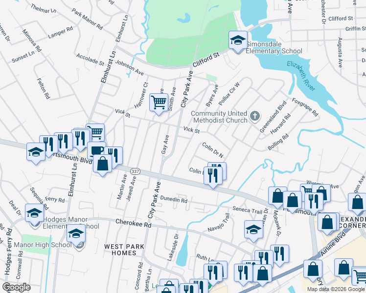 map of restaurants, bars, coffee shops, grocery stores, and more near 21 Byers Avenue in Portsmouth