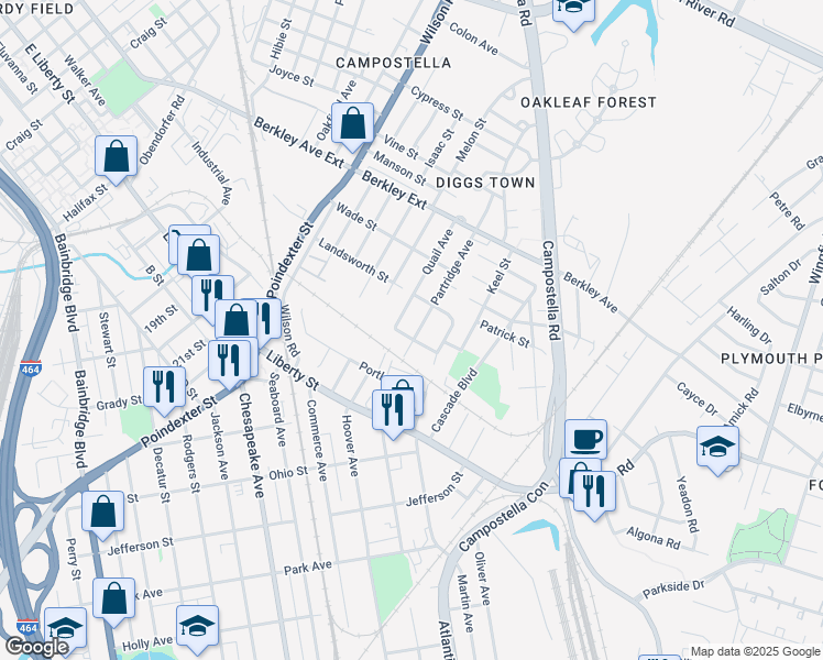 map of restaurants, bars, coffee shops, grocery stores, and more near 838 Partridge Avenue in Chesapeake
