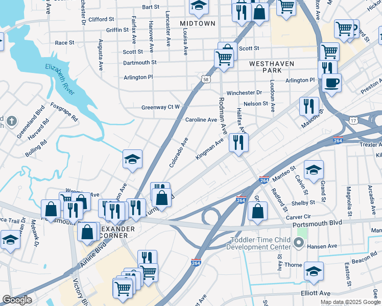 map of restaurants, bars, coffee shops, grocery stores, and more near 205 Utah Street in Portsmouth