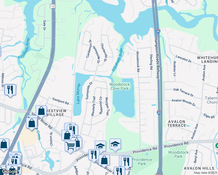 map of restaurants, bars, coffee shops, grocery stores, and more near 924 Morgan Trail in Virginia Beach