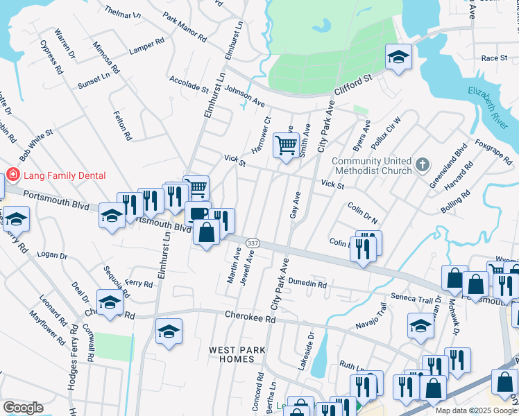 map of restaurants, bars, coffee shops, grocery stores, and more near 900 Jewell Ave in Portsmouth