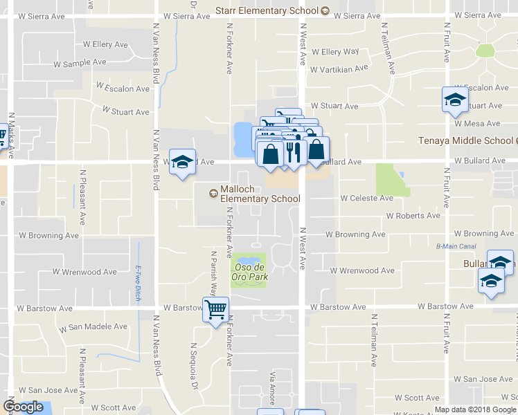 map of restaurants, bars, coffee shops, grocery stores, and more near 2125 West Juliet Way in Fresno