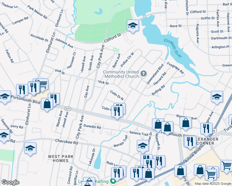 map of restaurants, bars, coffee shops, grocery stores, and more near 14 Colin Drive North in Portsmouth