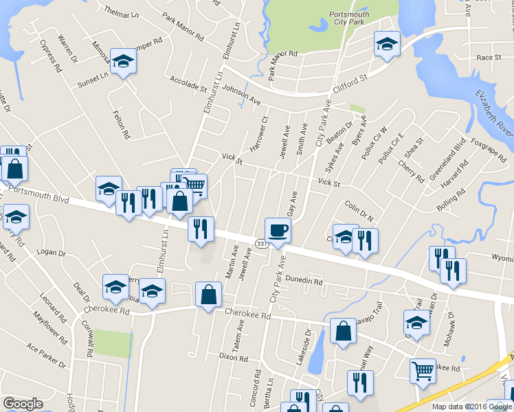 map of restaurants, bars, coffee shops, grocery stores, and more near 900 Jewell Ave in Portsmouth
