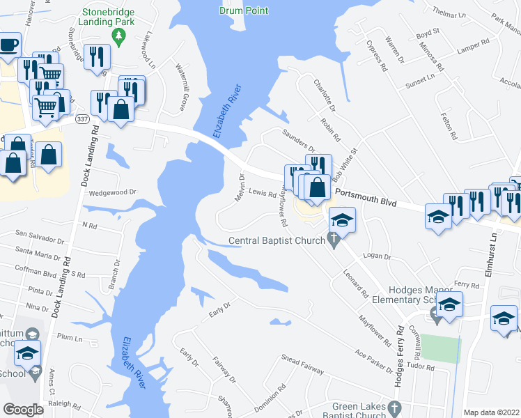 map of restaurants, bars, coffee shops, grocery stores, and more near 1173 Melvin Drive in Portsmouth