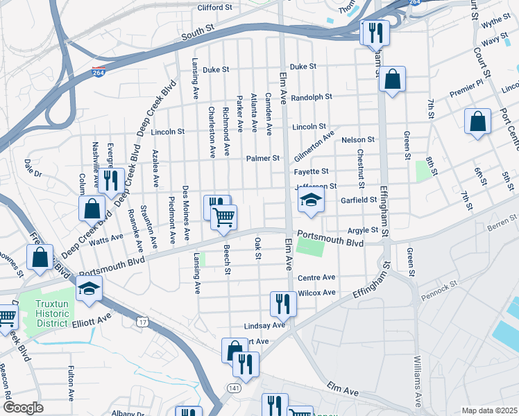 map of restaurants, bars, coffee shops, grocery stores, and more near 2420 Oak Street in Portsmouth