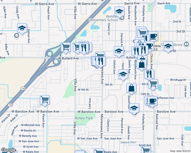 map of restaurants, bars, coffee shops, grocery stores, and more near 91 West 9th Street in Clovis