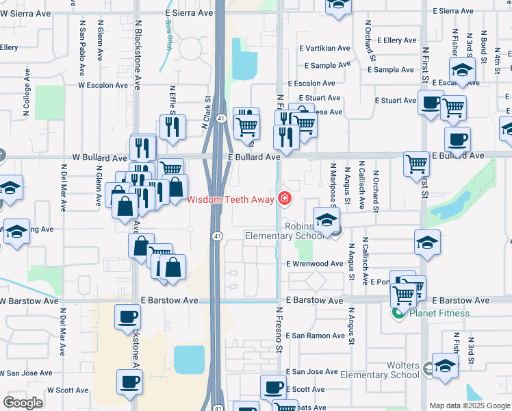 map of restaurants, bars, coffee shops, grocery stores, and more near 5669 North Fresno Street in Fresno