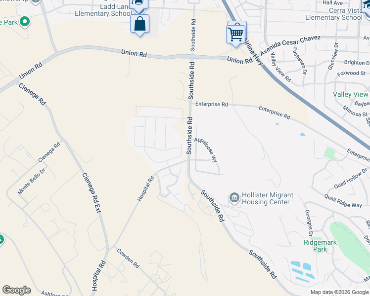 map of restaurants, bars, coffee shops, grocery stores, and more near 744 Sacramento Way in Hollister