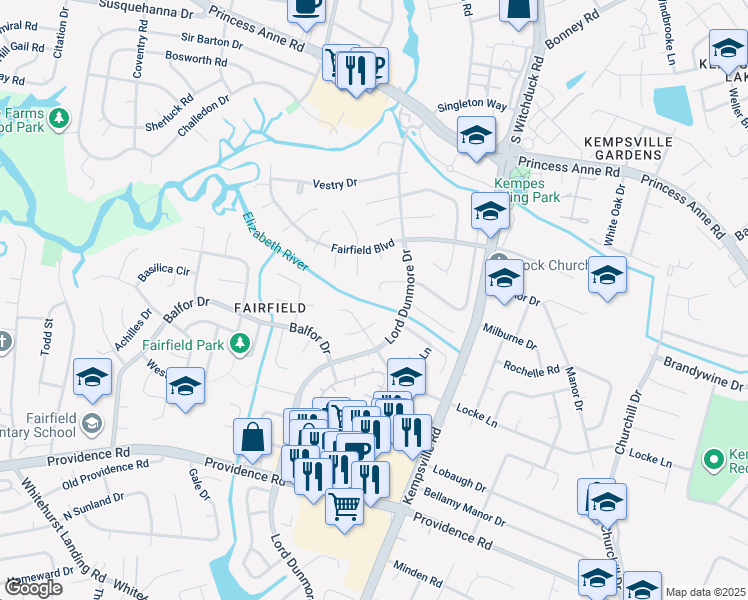map of restaurants, bars, coffee shops, grocery stores, and more near 5253 Pleasant Hall Court in Virginia Beach