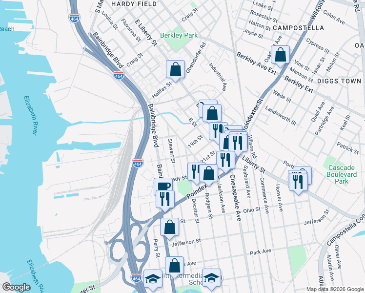 map of restaurants, bars, coffee shops, grocery stores, and more near 511 D Street in Chesapeake
