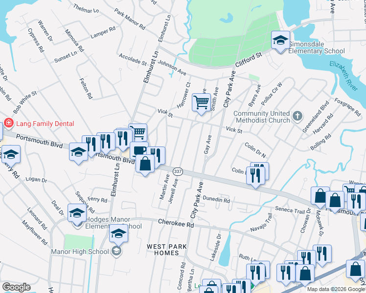 map of restaurants, bars, coffee shops, grocery stores, and more near 901 Martin Avenue in Portsmouth