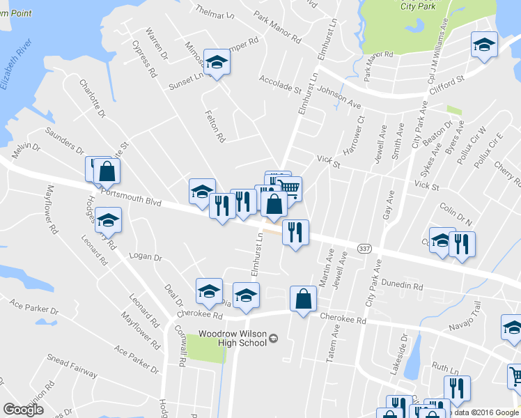 map of restaurants, bars, coffee shops, grocery stores, and more near 932 Elmhurst Lane in Portsmouth