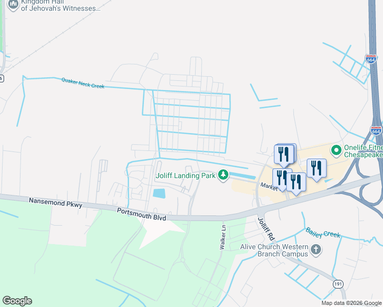 map of restaurants, bars, coffee shops, grocery stores, and more near Silverberry Drive in Chesapeake