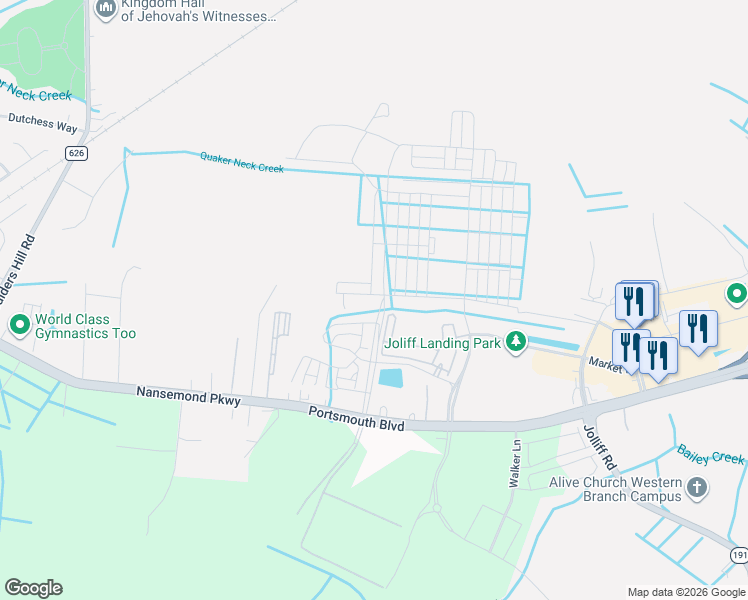 map of restaurants, bars, coffee shops, grocery stores, and more near 5265 Lombard Street in Chesapeake