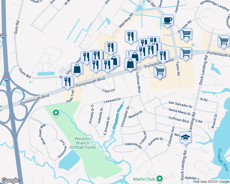 map of restaurants, bars, coffee shops, grocery stores, and more near 2248 Capri Circle in Chesapeake