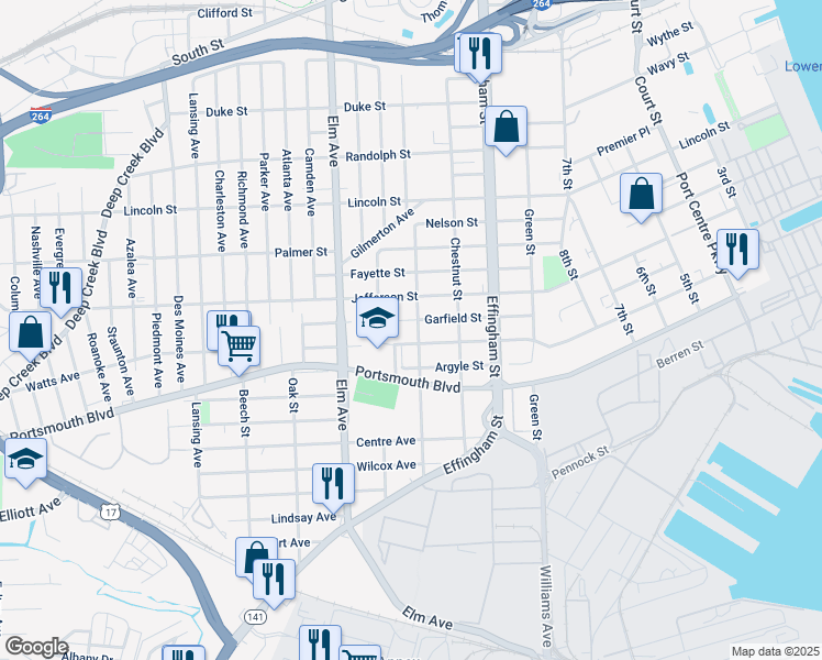 map of restaurants, bars, coffee shops, grocery stores, and more near 2408 Peach Street in Portsmouth