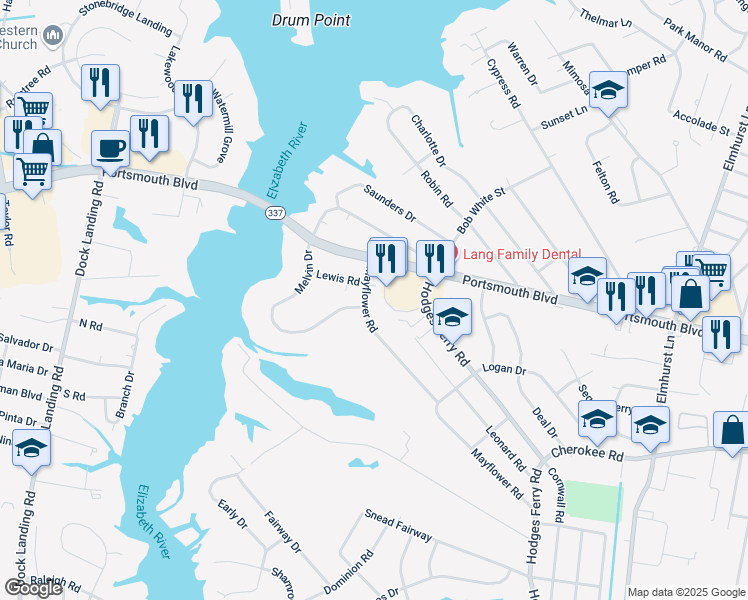 map of restaurants, bars, coffee shops, grocery stores, and more near 109 Mayflower Road in Portsmouth