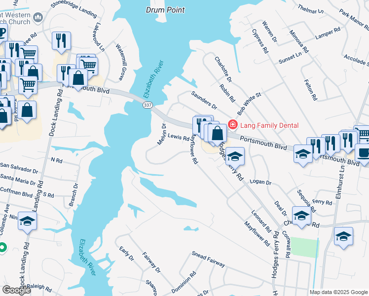 map of restaurants, bars, coffee shops, grocery stores, and more near 1173 Melvin Drive in Portsmouth