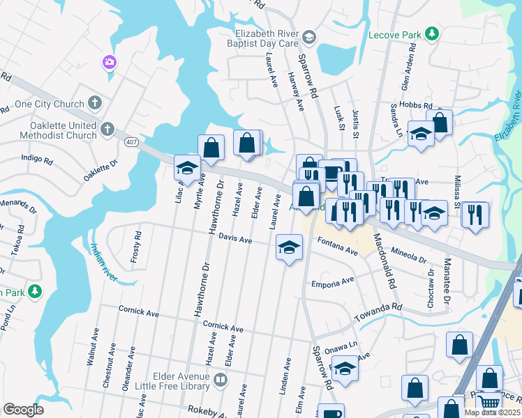 map of restaurants, bars, coffee shops, grocery stores, and more near 1116 Elder Avenue in Chesapeake