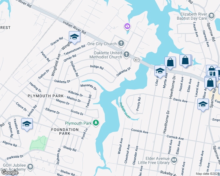 map of restaurants, bars, coffee shops, grocery stores, and more near 429 Oaklette Dr in Chesapeake