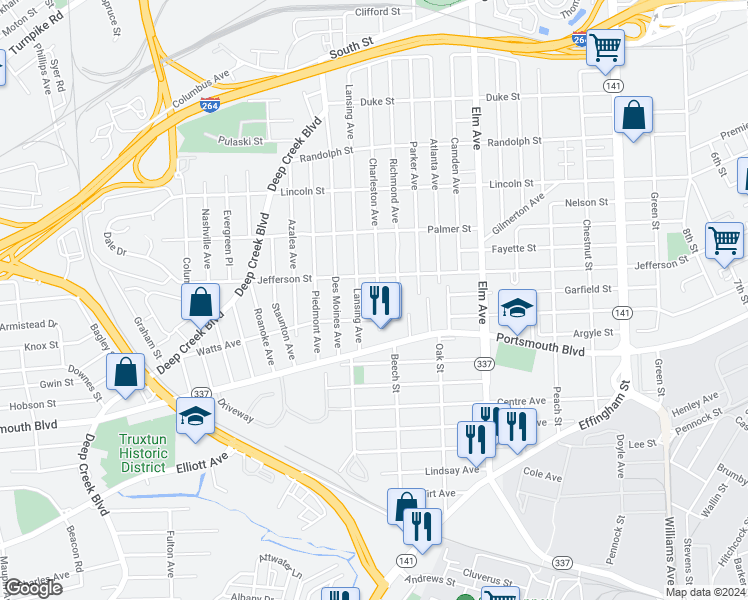 map of restaurants, bars, coffee shops, grocery stores, and more near 2400 Charleston Avenue in Portsmouth