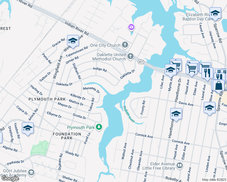 map of restaurants, bars, coffee shops, grocery stores, and more near 429 Oaklette Dr in Chesapeake