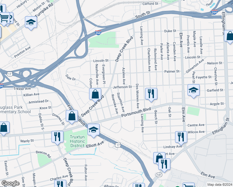 map of restaurants, bars, coffee shops, grocery stores, and more near 2314 Staunton Avenue in Portsmouth