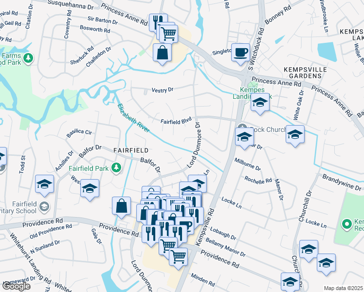 map of restaurants, bars, coffee shops, grocery stores, and more near 5253 Pleasant Hall Court in Virginia Beach